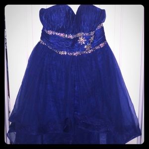 Blue strapless high low homecoming/prom dress.